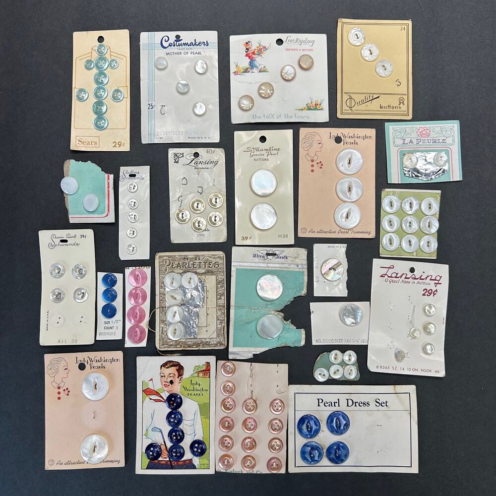 Vintage Shell Pearl‎ Buttons On Used Cards Assorted Colors
